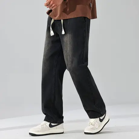 唐狮春秋新款男牛仔裤抽绳阔腿裤宽松美式潮牌显瘦复古裤子男TD商品大图