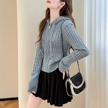 唐狮秋冬季毛衣外套女宽下摆设计连帽拉链针织开衫女高级感TD商品大图