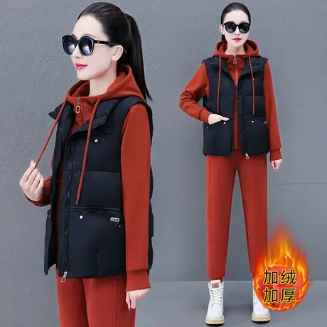 加绒加厚连帽运动卫衣套装女秋冬时尚矮个子中年妈妈装洋气三件套商品大图