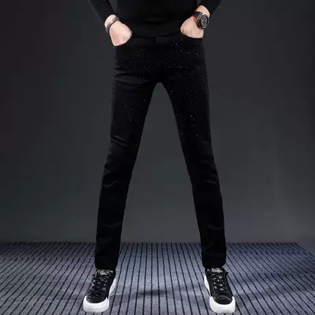 纯黑色牛仔裤男2023秋冬新款时尚烫钻修身小脚弹力休闲百搭裤子男商品大图