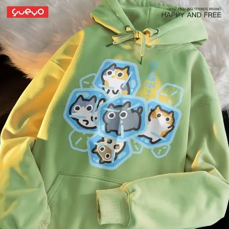 悦游 什么猫冰 多巴胺色宽松套头连帽卫衣男加绒情侣装趣味日系商品大图