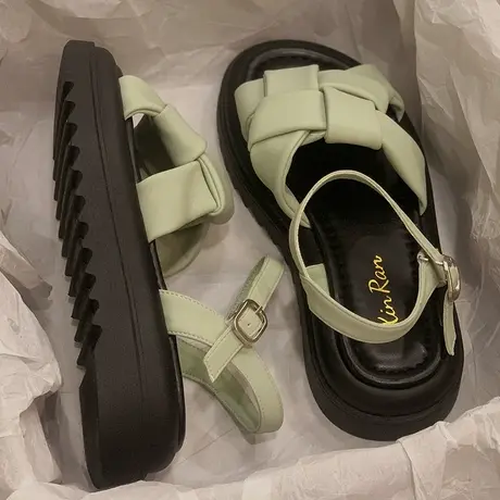 厚底凉鞋女ins潮2023年新款夏季仙女风海边沙滩编织一字扣罗马鞋商品大图