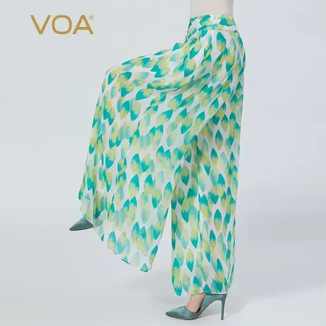 VOA真丝乔其纱秋之落叶撞料拼接压褶百搭时尚宽松桑蚕丝阔腿裙裤商品大图