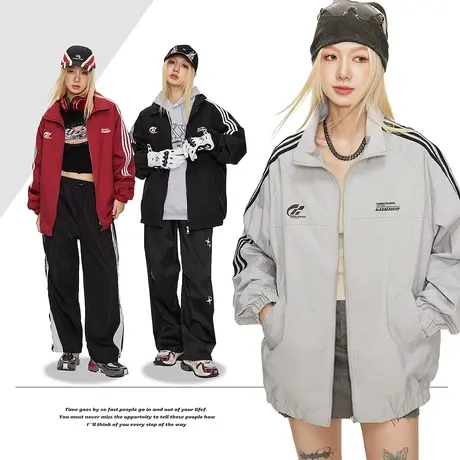 复古条纹运动外套女春秋2023年新款户外宽松oversize夹克潮商品大图