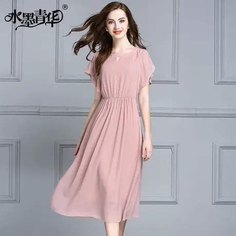 【1件7.9折】夏装新品优雅圆领蝙蝠袖修身中长款纯色雪纺连衣裙商品大图