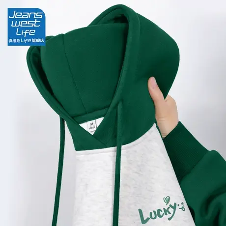 真维斯LIFE墨绿色连帽卫衣女2023新款爆款设计感小众带帽外套女装商品大图
