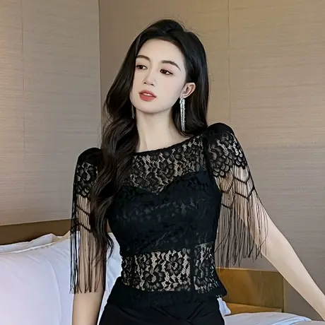 港风欧洲站性感蕾丝衫黑色镂空高级感薄款修身流苏上衣欧货t恤女商品大图