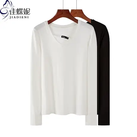 秋季新款韩版圆领修身纯白纯色刺绣长袖体恤上衣内搭打底衫女装商品大图