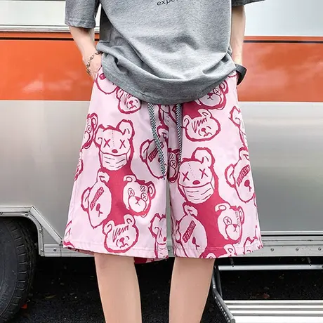 夏季薄款沙滩裤男速干五分休闲短裤港风满印卡通小熊印花宽松中裤商品大图