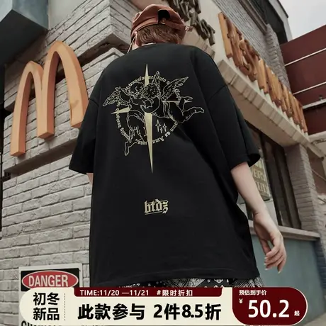 短袖T恤男春秋潮牌2022新款宽松大码纯棉美式高街复古天使上衣商品大图