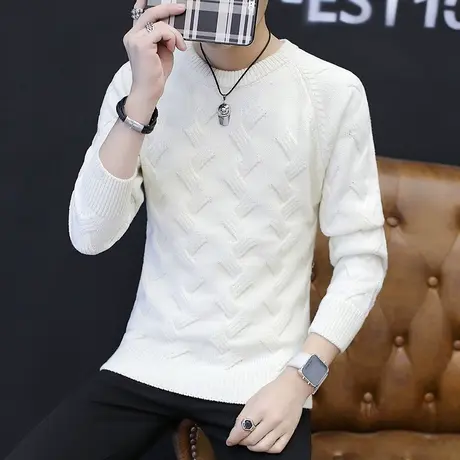 针织衫男白色毛衣粗线新款韩版男士修身型加厚冬季圆领打底衫潮流商品大图