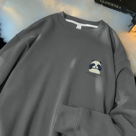 350g重磅套头卫衣男2024新款熊猫印花圆领无帽长袖t恤灰色上衣服商品大图