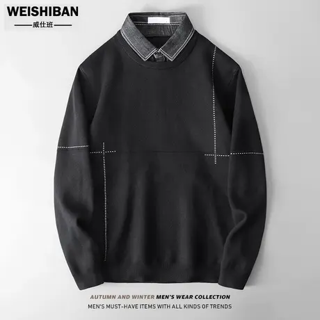 潮流时尚假两件衬衫领套头毛衣男宽松秋冬针织衫男士衬衣领打底衫商品大图