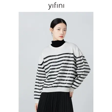 Yifini/易菲黑白条纹圆领宽松毛衫女秋冬新款保暖羊毛针织衫商品大图