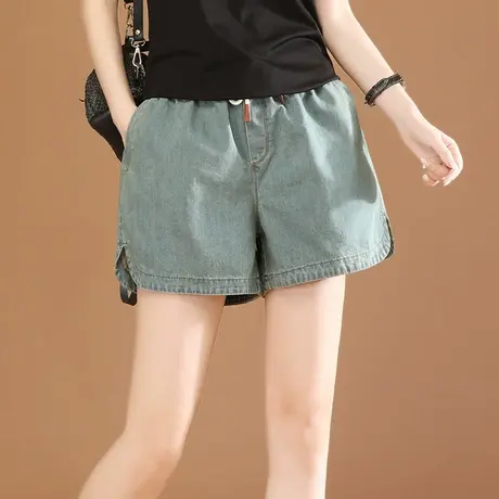 韩潮袭人松紧腰牛仔短裤热裤女2024夏新款宽松休闲运动阔腿裤薄款图片