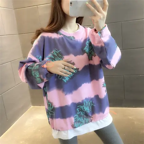 2023秋季新款韩版宽松圆领假两件卫衣女中长款百搭宽松复古外套潮图片