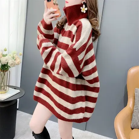 设计感半拉链高领毛衣女套头2023新款冬季宽松慵懒风加厚条纹上衣商品大图