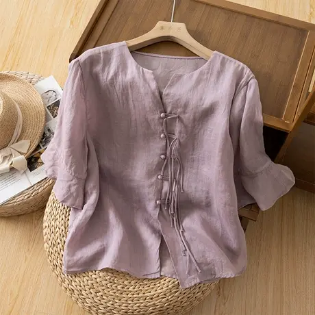 享永子七分袖苎麻上衣女薄文艺复古棉麻小衫气质宽松2023夏季新款商品大图