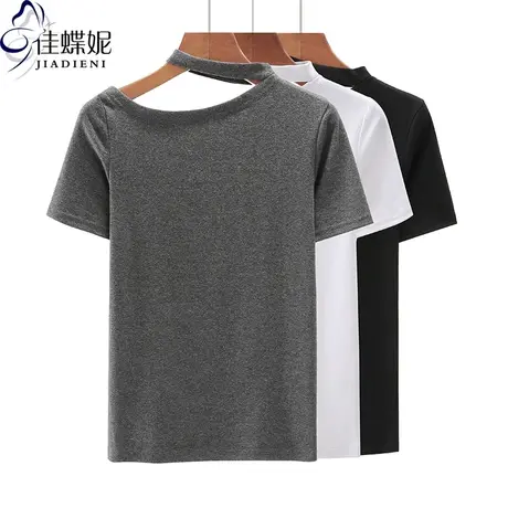 早春新款韩版斜领挂脖修身纯棉纯色修身短袖体恤上衣内搭女打底衫图片