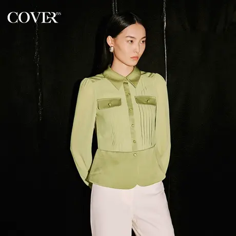 COVER秋季珍珠雪纺缎面收腰衬衫商品大图