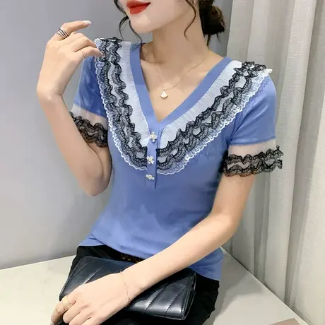 网纱拼接V领短袖T恤女2023夏装新款性感修身小衫洋气百搭半袖上衣商品大图