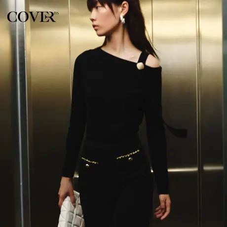 COVER冬季露肩一粒扣飘带羊毛混纺针织衫商品大图