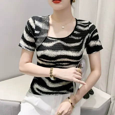 重工烫钻T恤女短袖2024夏装新款性感露锁骨心机上衣洋气印花小衫商品大图