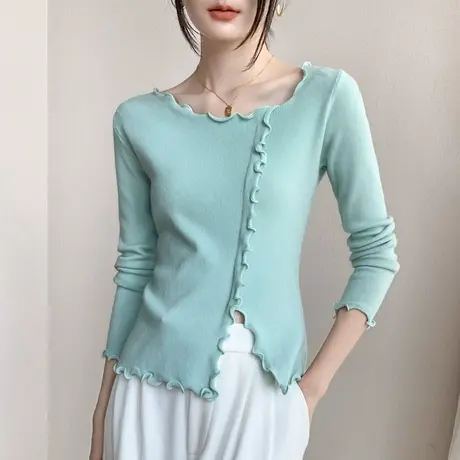 木耳边露锁骨纯色打底衫2023春季女装新款修身显瘦小心机洋气上衣商品大图