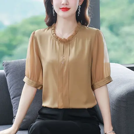 桑蚕丝衬衫夏季2023新款洋气减龄宽松气质短袖t恤女薄款真丝小衫商品大图