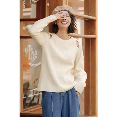 弥古法式镂空毛衣慵懒风女春秋外穿针织衫女宽松秋冬打底内搭上衣商品大图