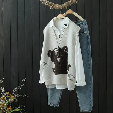 春秋季2022新款提花V领套头针织马甲背心女宽松外穿无袖毛衣坎肩商品大图