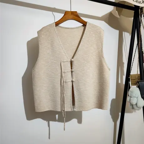 盘扣系带针织开衫马甲女秋冬新款宽松v领叠穿设计感小众毛衣背心商品大图