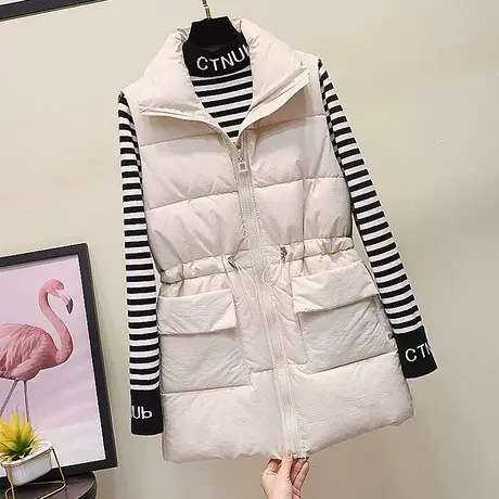 羽绒棉马甲女中长款2023秋冬季新款韩版收腰抽绳马夹背心坎肩外套图片