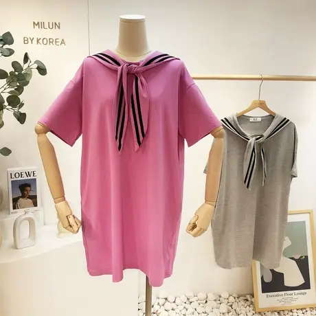 小众设计感连衣裙夏季韩国东大门海军娃娃领短袖中长款T恤裙学生商品大图