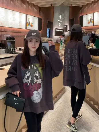 美式复古慵懒风大板型印花黑色无帽圆领卫衣外套女春秋季薄款上衣商品大图