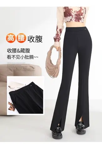 2023新款高腰高弹显瘦开叉微喇叭裤女夏百搭小个子黑色开衩西装裤商品大图