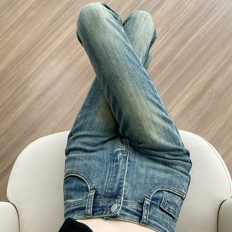 美式复古高腰微喇牛仔裤女春秋季设计感小众修身显瘦直筒喇叭长裤商品大图