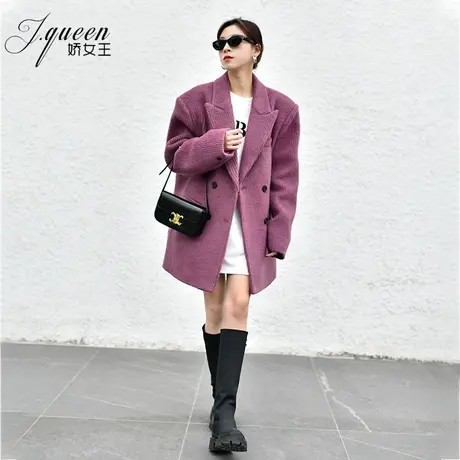 毛呢西装外套女冬季新款高级感oversize中长款树莓色加厚呢子西服商品大图