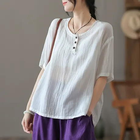 dza 复古白色苎麻t恤2022夏季棉麻上衣女士薄款短袖宽松打底半袖商品大图