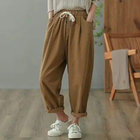 dza 高腰显瘦宽松阔腿裤子女士春秋新款休闲裤百搭哈伦裤纯棉女裤图片