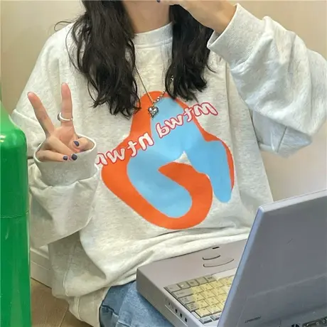 红续盐系少女慵懒风早秋新款韩版宽松百搭圆领套头长袖卫衣薄款女图片