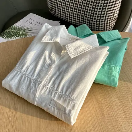 春季新款纯棉白色衬衫女设计感小众休闲百搭学院风叠穿中长款衬衣图片