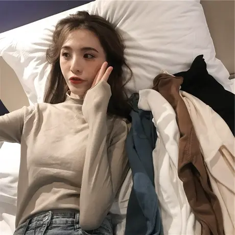 高领加绒修身紧身打底衫女洋气秋冬新款2024黑色内搭长袖t恤上衣商品大图