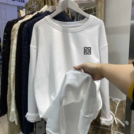 长袖T恤女2022秋季新款百搭中长款圆领白色上衣服宽松显瘦打底衫图片