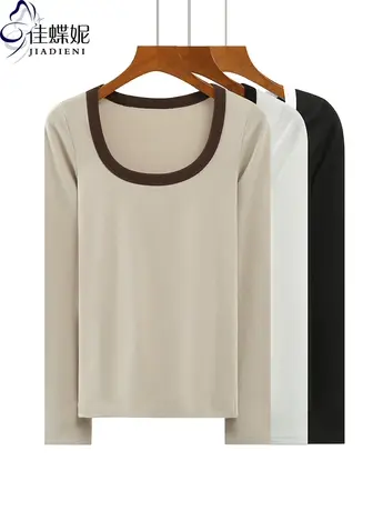 春秋韩版圆领纯色U领修身纯棉显瘦长袖体恤上衣内搭女打底衫T恤商品大图
