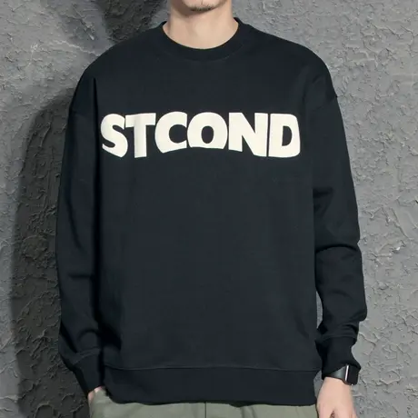 奕飏字母印花黑色圆领卫衣2022年春季新款休闲套头上衣基础打底衫商品大图