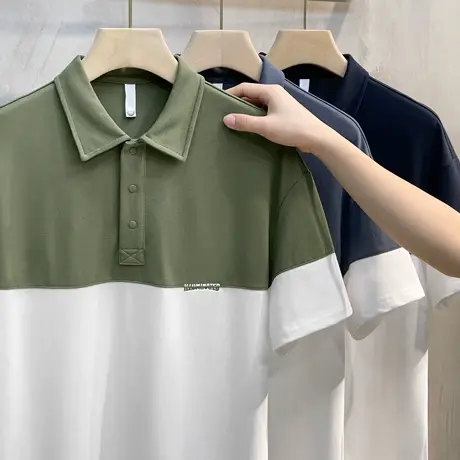 男士翻领t恤拼接撞色上衣男夏季宽松潮牌ins高端商务短袖男polo衫商品大图