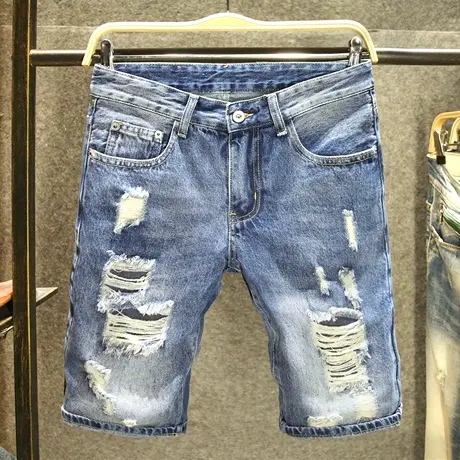 夏季薄款刮烂牛仔短裤男款宽松直筒韩版五分裤潮牌大破洞休闲中裤商品大图
