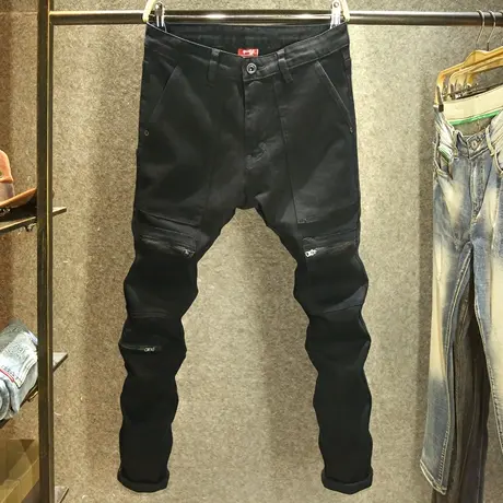 黑色秋冬款机能风牛仔裤男款潮流百搭修身小脚裤高端拼接设计长裤商品大图