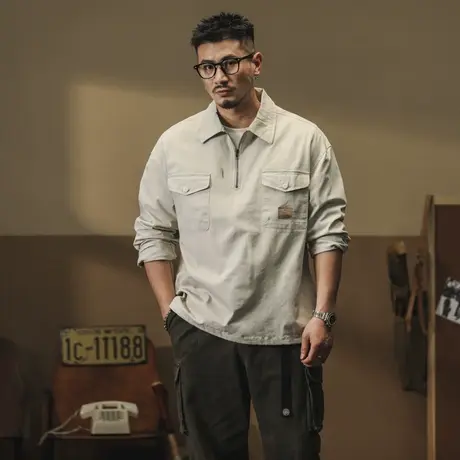 时尚潮流长袖polo衫休闲男士宽松日系衬衫复古时尚百搭男款POLO衫图片